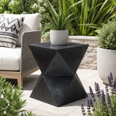 Black Prismatic Symmetry Concrete Side Table with Smooth Wood Grain Texture