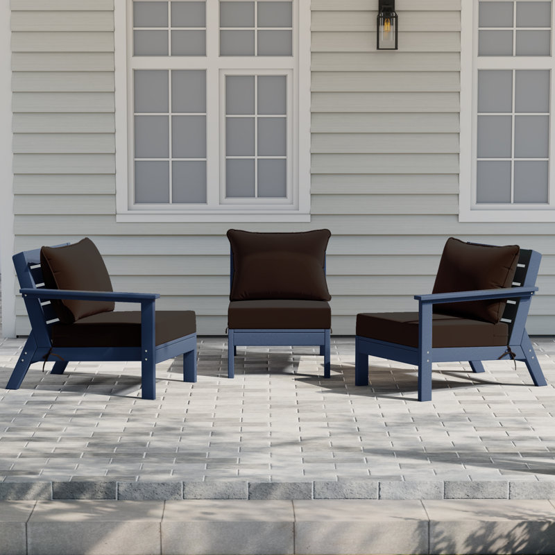 3-Piece Deep Seating Set With Cushions, Brown, Navy Blue