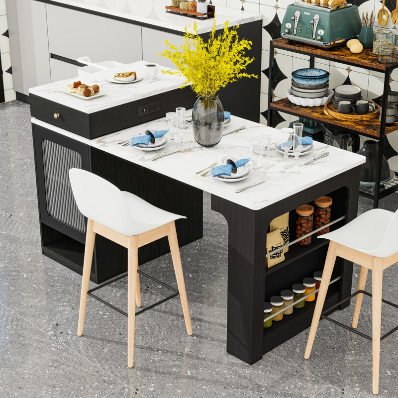 Îlot de cuisine avec table de salle à manger extensible, tablettes réglables et rangement double-face, Noir