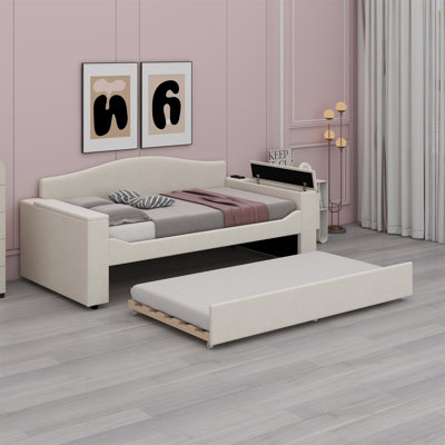 Upholstered Daybed With Storage Armrests,Trundle And Latest Integrated Bluetooth Audio System.