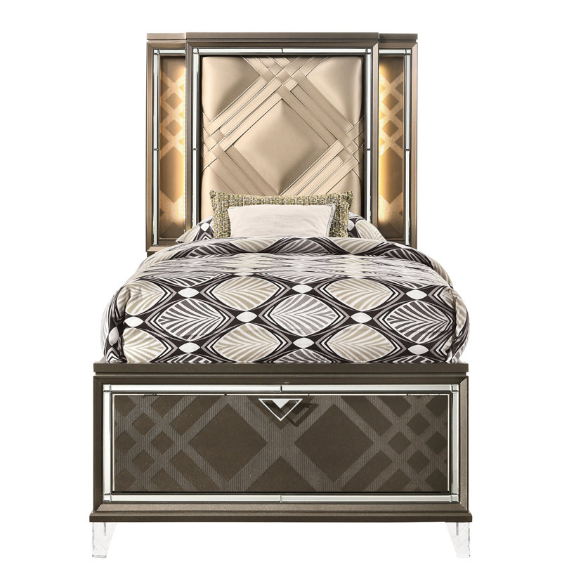 Lit de rangement simple beige et champagne foncé, installation simplifiée sans sommier, tête de lit rectangulaire avec options de profil bas et de lit, aucun ressort nécessaire, 2 tiroirs tactiles pour plus de commodité et d'organisation