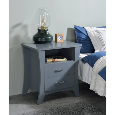 Table d'appoint grise avec 2 tiroirs et un compartiment ouvert pour la table de chevet de finition de salon