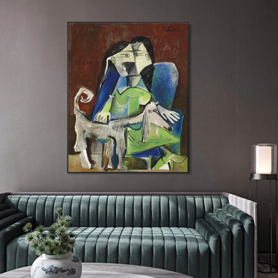 Reproduction d'art sur toile encadrée (18 x 24 pouces) de Pablo Picasso, « Femme au chien (Jacqueline et Kaboul), 1962. Décoration murale pour salon, maison ou bureau. Cadre noir fin.