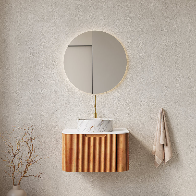 Meuble-lavabo de salle de bain 24 po avec lavabo, meuble de rangement mural rayé à bords arrondis avec tiroir, lavabo rond en céramique blanc avec motif de pierre, pré-assemblé, couleur grain de bois Natura