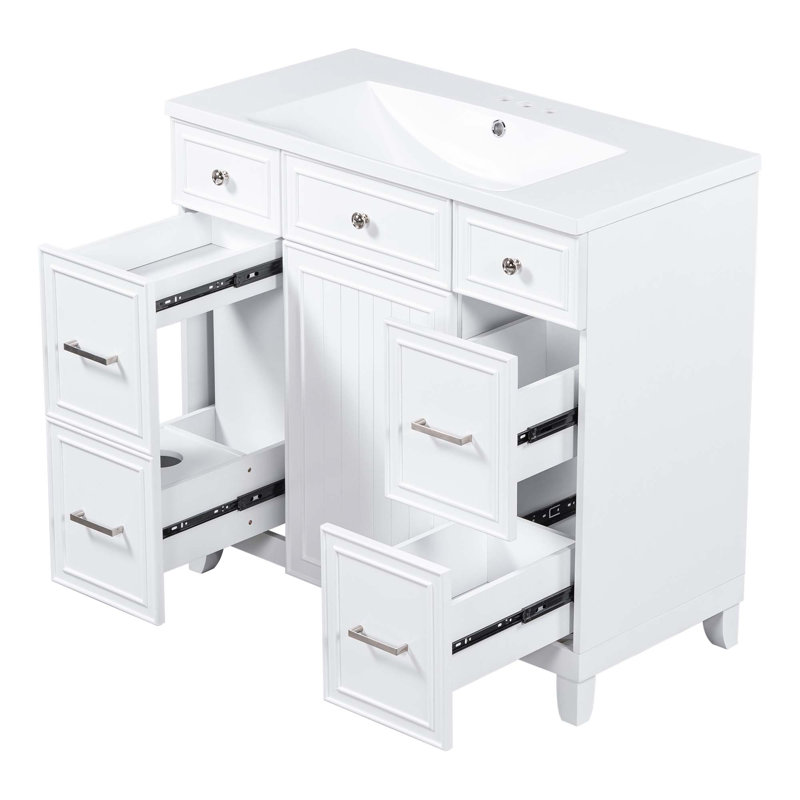 Meuble-lavabo de salle de bain avec comptoir de lavabo, porte à fermeture douce et 3 tiroirs, Blanc