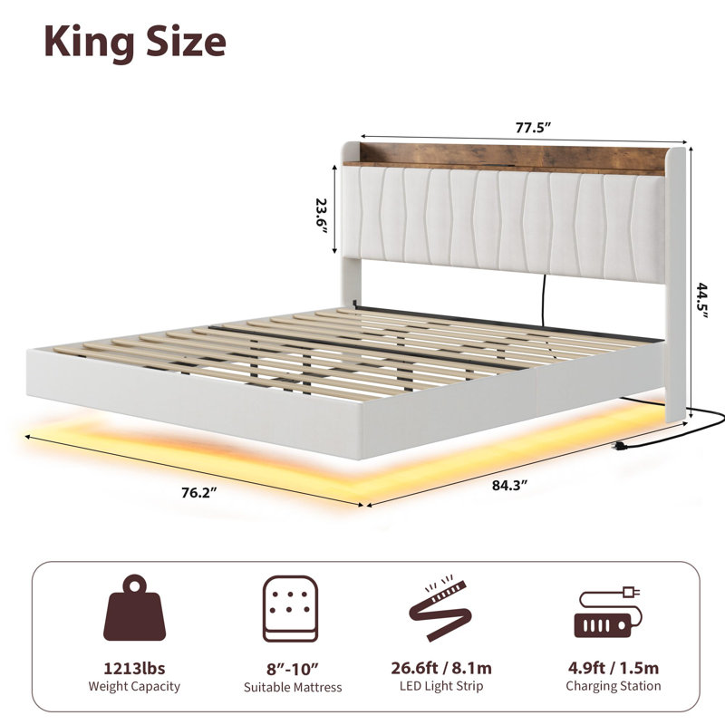 King Floating Bed Frame with LED Lights & Charging Station, Upholstered Platform Bed with Storage Headboard, Beige