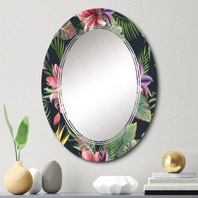 Fleurs tropicales mauves avec feuilles vertes II - miroir mural tropical ovale