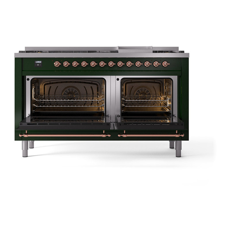 ILVE Nostalgie II Noblesse 60 in Dual Fuel Range, 9 Burner, Griddle, Emerald Green/Copper, Liquid Propane