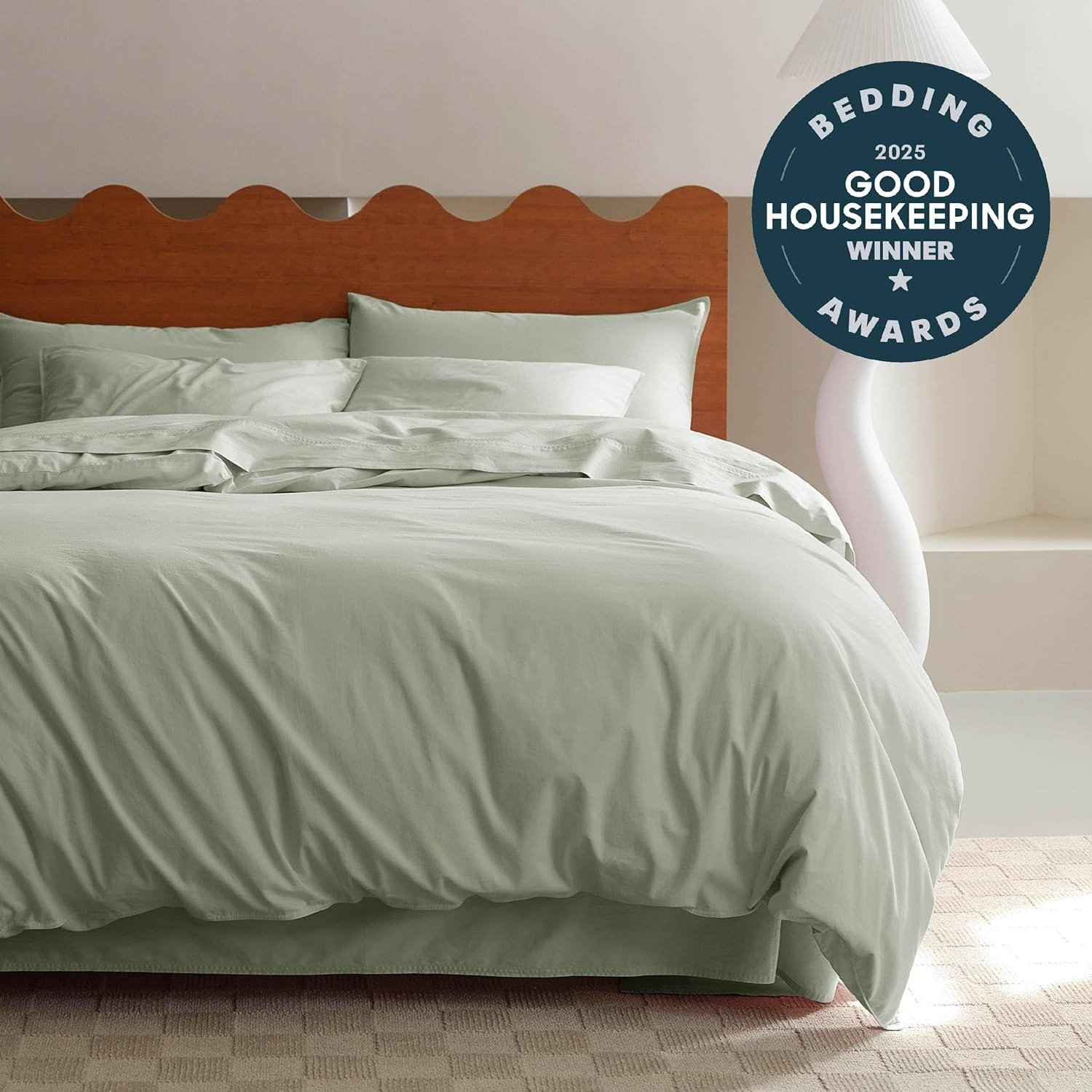 Double Stitch Cotton Duvet Cover Set, Queen Duvet Cover + 2 Pillow Shams, Sage Green