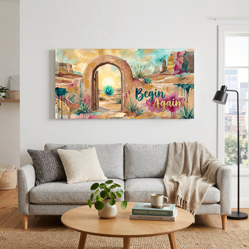 «Desert Archway» avec art textuel sur toile bleu, L 46 po x H 24 po