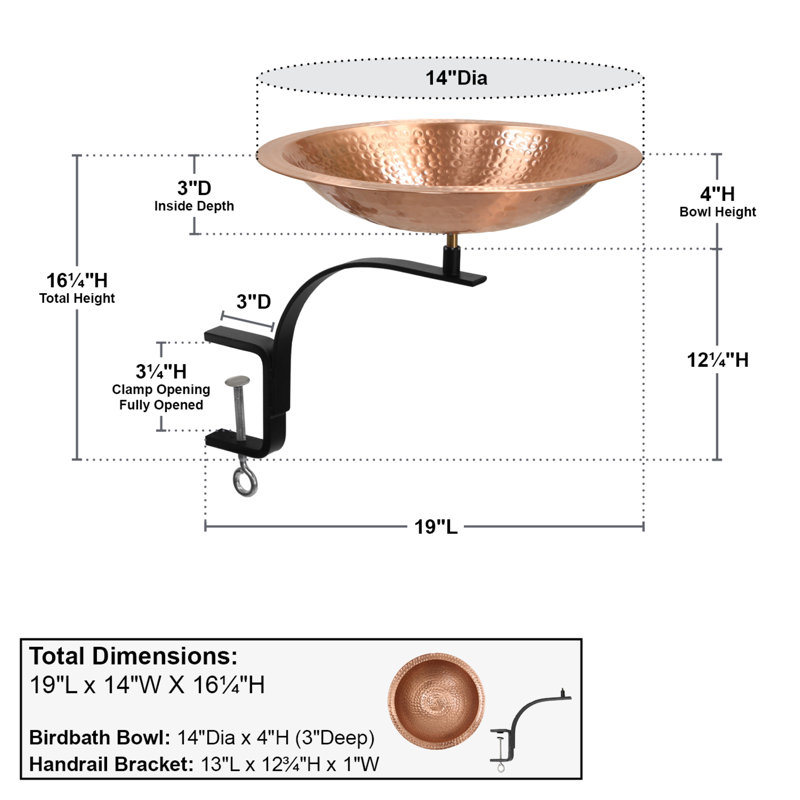 Hammered Copper Birdbath with Black Iron Rail Mount