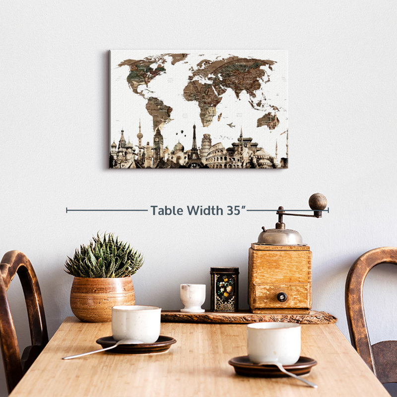 Vintage World Map Canvas Print with Iconic Landmarks