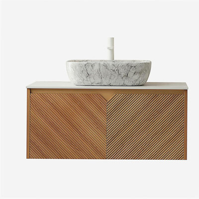 RUBEN 36" Bathroom Vanity&Sink, Floating Plywood Storage Cabinet, Twill Double Doors with Metal Trim, Marble Pattern Ceramic Vessel Basin&Carrara White Sintered Stone Top, Brown Oak Woodgrain Color