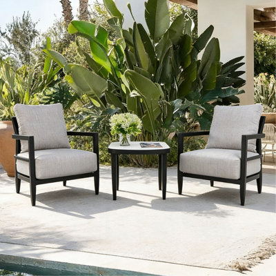 Ensemble de mobilier d'extérieur en aluminium 3 pièces, ensemble de conversation moderne entièrement soudé, coussins Sunbrella et table d'appoint Elegance Arc 23,6 po avec plateau en marbre blanc d'inspiration grecque