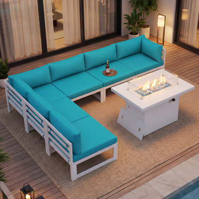 Tuyen 7-Piece 6-Person Outdoor Patio All-Aluminum Sectional Conversation Set with 60,000 BTU Fire Pit Table and 4" High-Resilience Foam Cushions