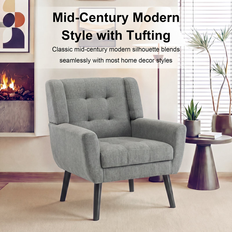 Tufted Upholstered Wide Back Armchair（Set of 2）, Light Gray Linen Blend