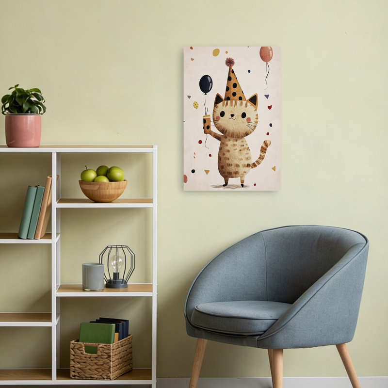Cute Birthday Cat Playful Whimsical Contemporary Cat Wall Art Print by Mathieu - Wrapped Canvas Print, 60.96cm H x 40.64cm W