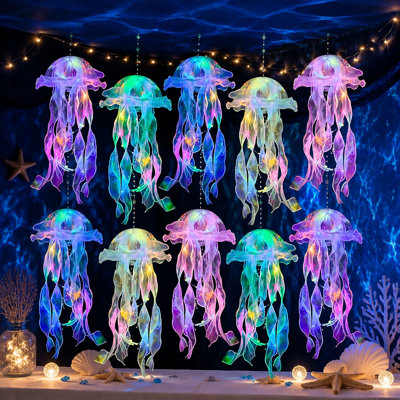 10 Light-Up Jellyfish Hanging Lanterns for Mermaid Birthdays, Under-the-Sea Parties, Ocean-Themed Decorations, Supplies, and Gifts