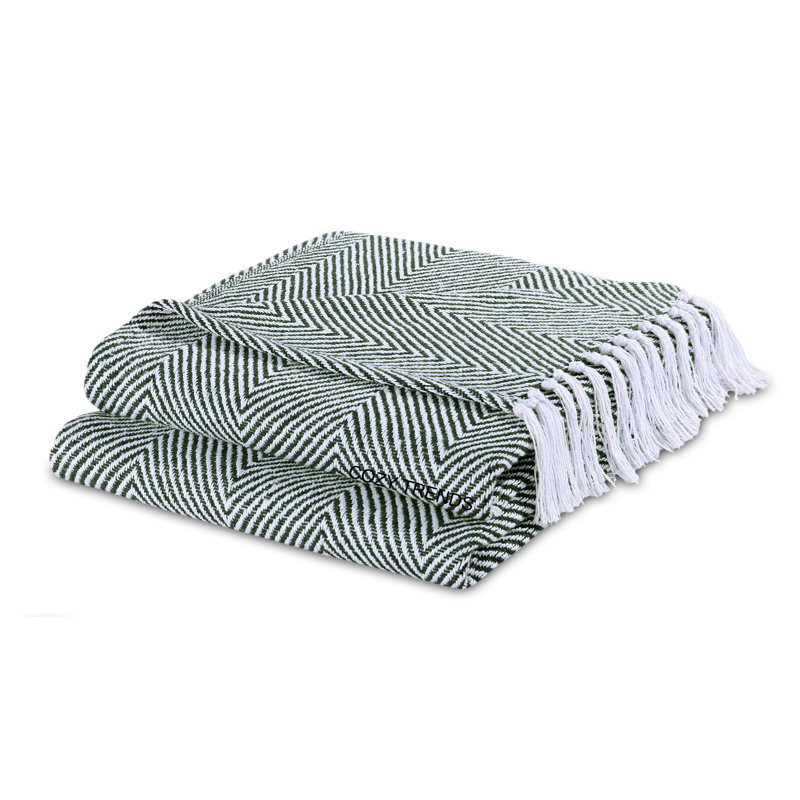 Hand Woven Throw Blanket, Dark Green, Chervon/Solid Color