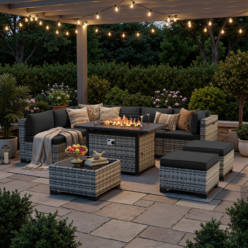 Ensemble de conversation de patio 10 pièces avec table de foyer au propane de 55 000 BTU, canapé modulaire en osier, 2 repose-pieds et table basse