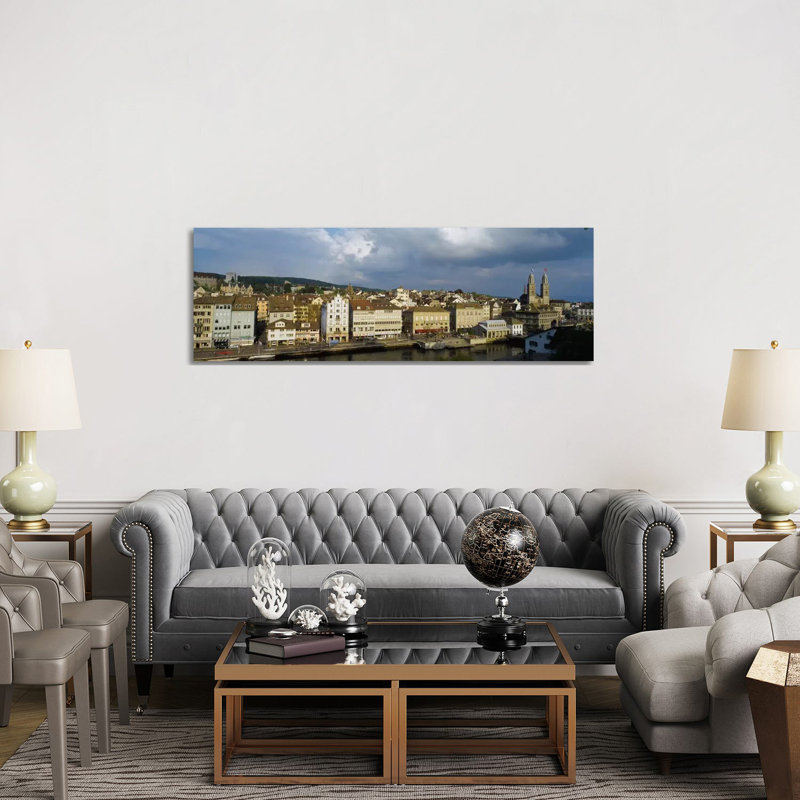 High Angle View Of A City, Grossmunster Cathedral, Zurich, Switzerland - Wrapped Canvas Panoramic Print