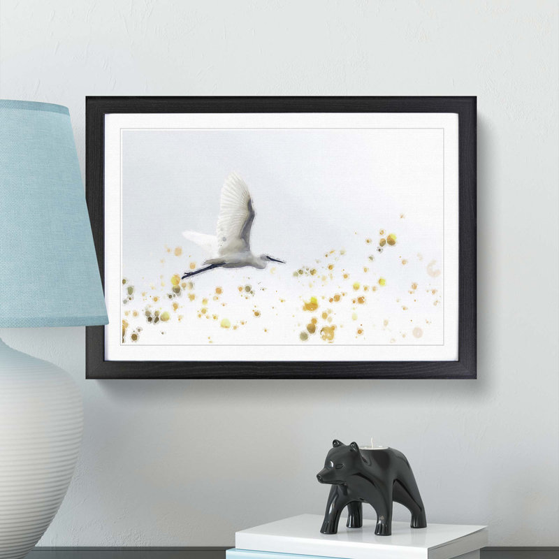 Great Egret Bird in Flight in Abstract - Picture Frame Painting Print, Black Framed, 62cm H x 87cm W x 2cm D