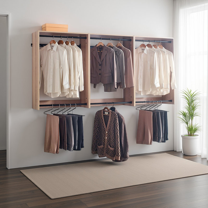Vedz Wall Mounted Closet Set, 6 Hanging Rods, Melamine, Black/Oak Brown