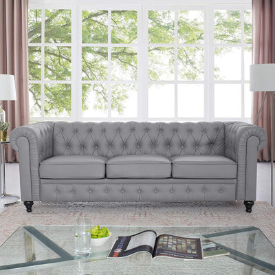 Sanmiguel 88" Leather Upholstered Sofa Button Tufted Chesterfield Couch with Arms Modern Sofa Couch