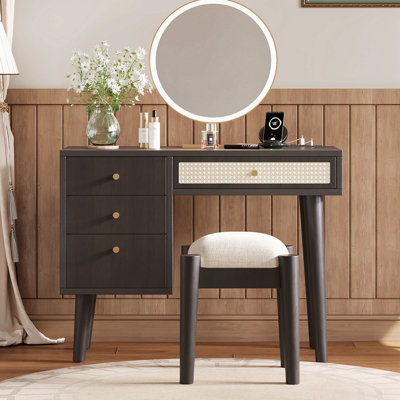 39" Retro Bohemian Style Wooden Makeup Vanity Set With Charging Plug&USB Port And Stool, Dressing Table With 3 Storage Drawers And 1 Rectangular Rattan Drawer