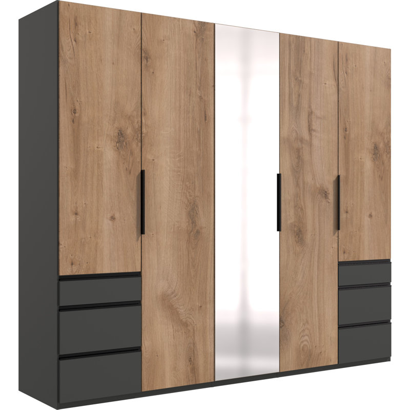 Guardino 5 Door Wardrobe, 216cm H x 250cm W x 58cm D, Plank Oak/Graphite