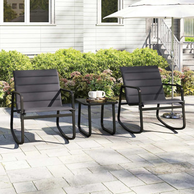 3-Piece All-Weather Outdoor Rocking Bistro Set, 2 Smooth Glide Porch Rocker Chairs With Padded Seats, 1 Scratch-Resistant Tempered Glass Side Table