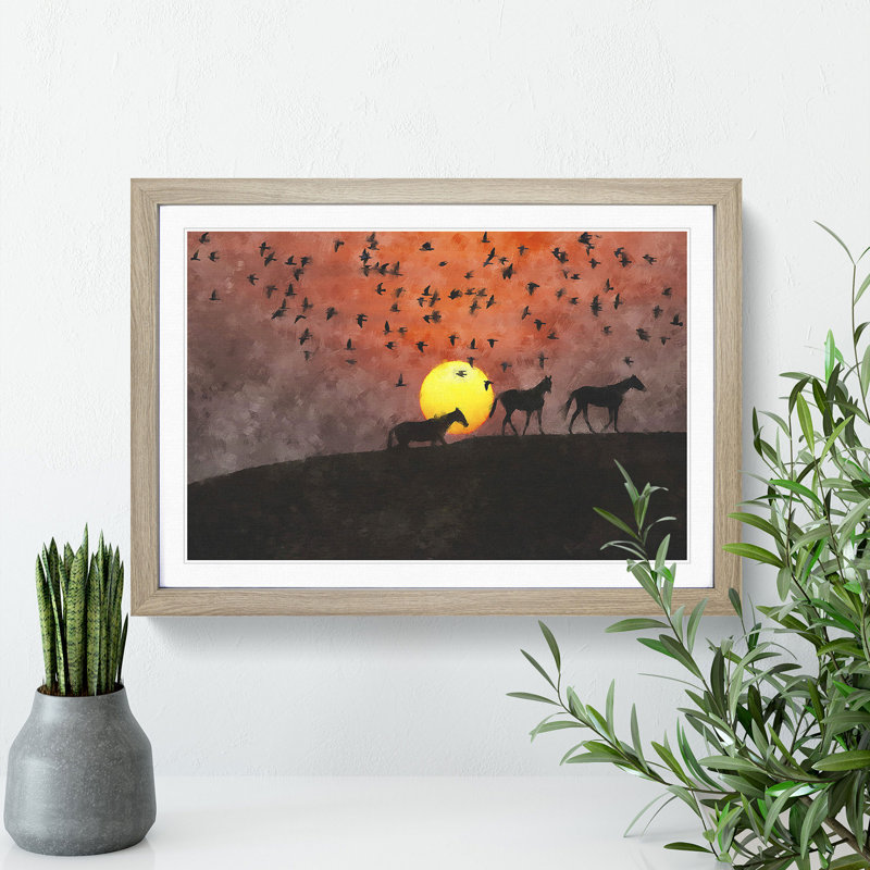 Birds and Horses at Sunset - Picture Frame Painting, Oak Framed, 48cm H x 65cm W x 2cm D