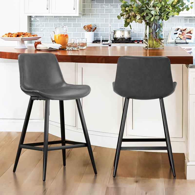 Tabouret de comptoir en faux cuir Macaire, Tabouret de comptoir (siège d'une hauteur de 24 p, Gris foncé, Noir