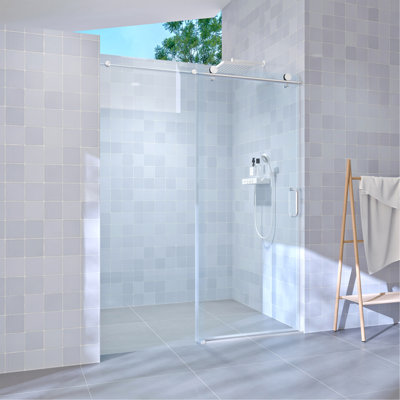 56" - 60" W X 76" H Single Sliding Shower Door, Frameless Bathroom Sliding Door With 1/4" (6Mm) Tempered Glass For Walk-In Shower, Brushed Nickel