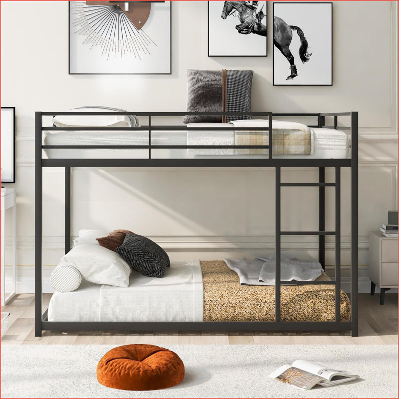 Lit superposé double au dessus d'un lit double - Conception robuste et peu encombrante pour les petites chambres, noir, Noir