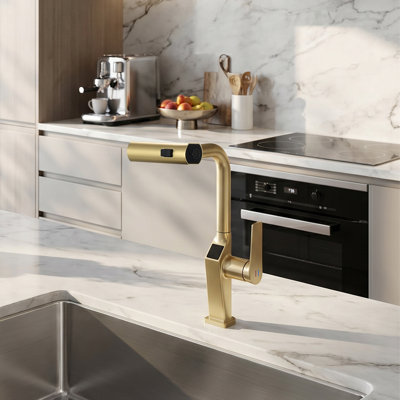 Robinet de cuisine en nickel brossé sans contact avec affichage à DEL, robinet d'évier de cuisine à capteur de mouvement avec pulvérisateur rétractable à 3 fonctions et bec pivotant à 360 °
