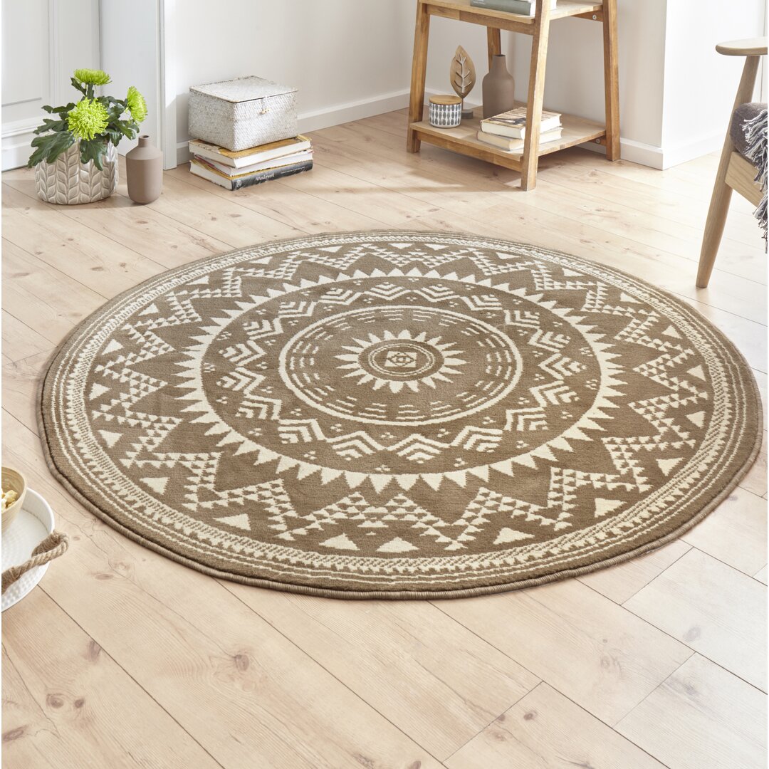 Teppich Valencia Rund - Runder Mandala-Teppich für Esszimmer, Wohnzimmer, Flur - Braun Creme