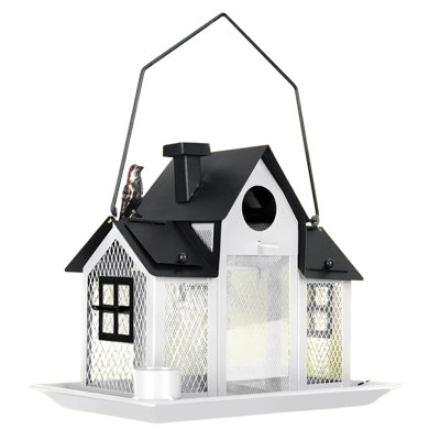 Hanging Metal Bird House Feeder With Solar Lights
