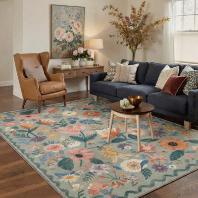 Aarna Blossom Floral Machine Washable Green / Beige Indoor Area Rug with Non-Slip Backing