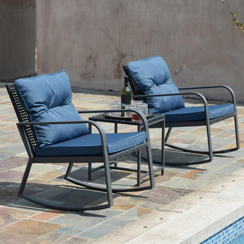 3 Pieces patio bistro set Outdoor Rocking Chair W Cushion For Yard Garden Poolside, Blue