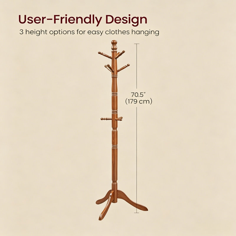 Rubberwood Freestanding 10 - Hook Coat Rack