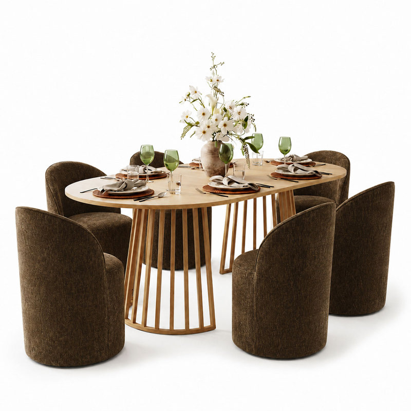 6 - Person Dining Table Sets With Extendabe Oval Table & 6 Upholstered Chenille Rolling Chairs, Brown