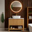 Meuble-lavabo autoportant moderne 36 po avec portes en bambou, plateau en pierre frittée blanc de Carrare et vasque en marbre, rangement à tablettes ouvertes, grain de bois naturel