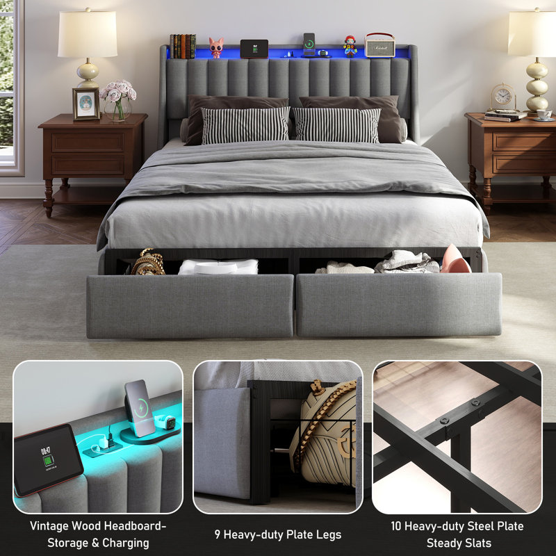 Upholstered Bed Frame with 2 Storage Drawers and Storage Headboard, Built-In LED Lights and Charging Station, Full / Double