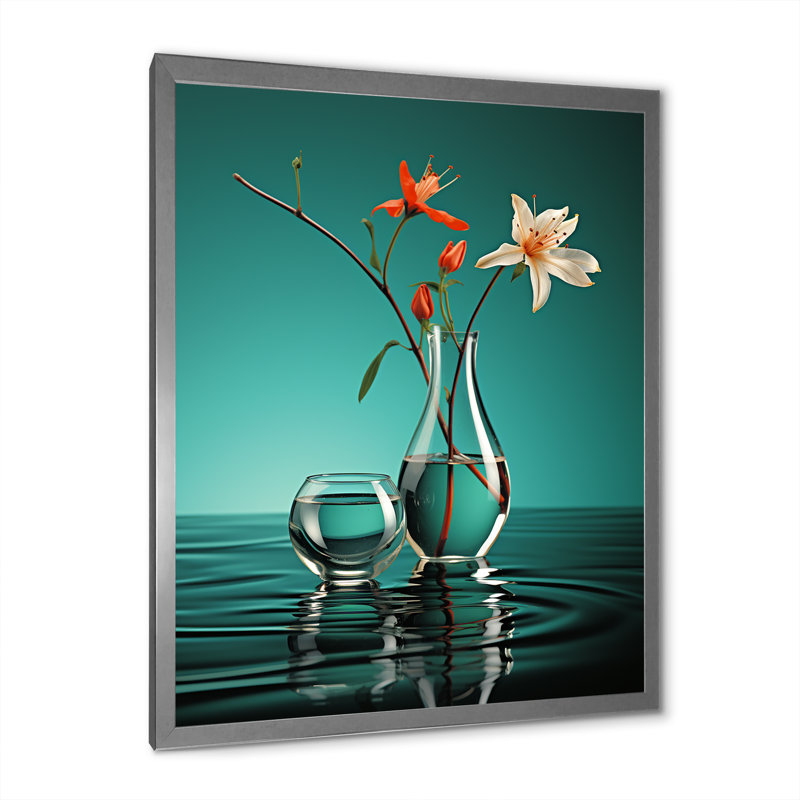 Vase de fleurs turquoise - impression, H 32 po x l 24 po x P 1 po, Cadre simple argenté