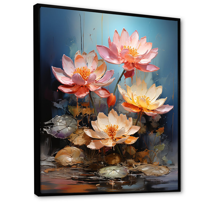 Fleurs de lotus fusionnent avec des graffiti sur toile, Cadre flottant noir, H 32 po x l 24 po x P 1 po