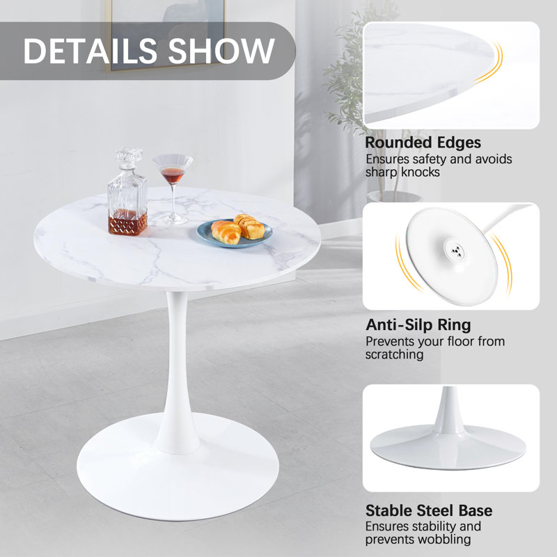 Modern Round 3 Piece Dining Room Table and Chairs Set, White, Beige