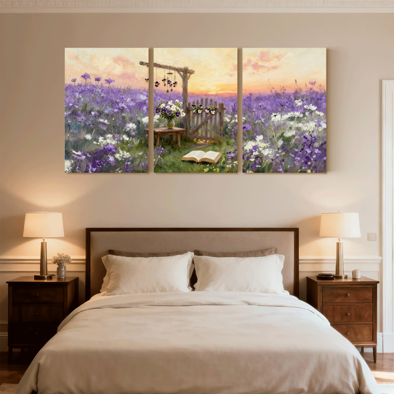 Assortiment de bouquets de fleurs, champ de lavande, ensemble de 3 livres sur toile, H 24 po x l 48 po