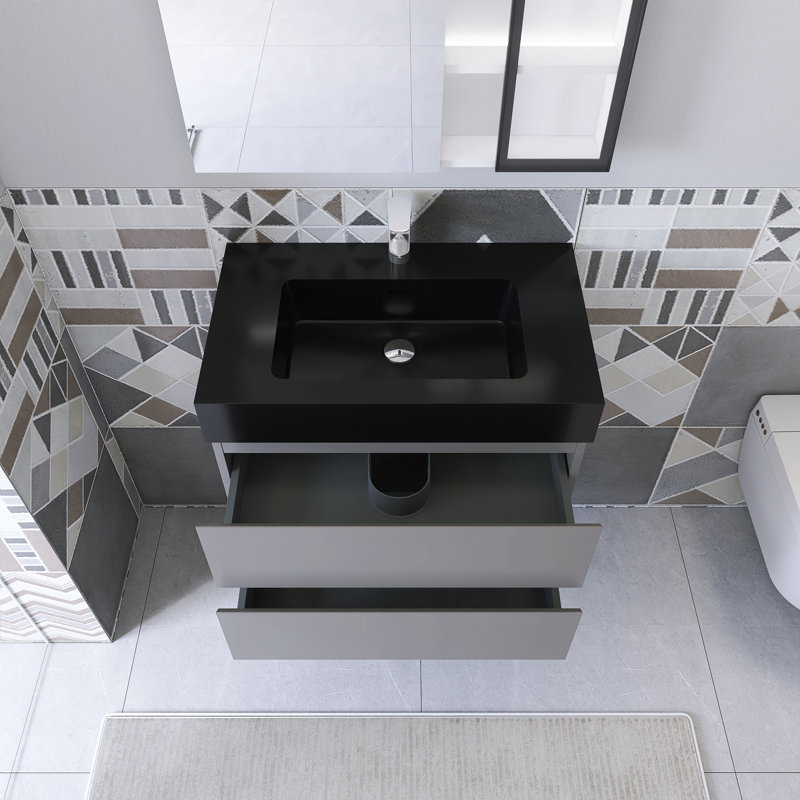 Siglind 29.9'' Single Bathroom Vanity with Solid Surface Top, Matte Black, Gray