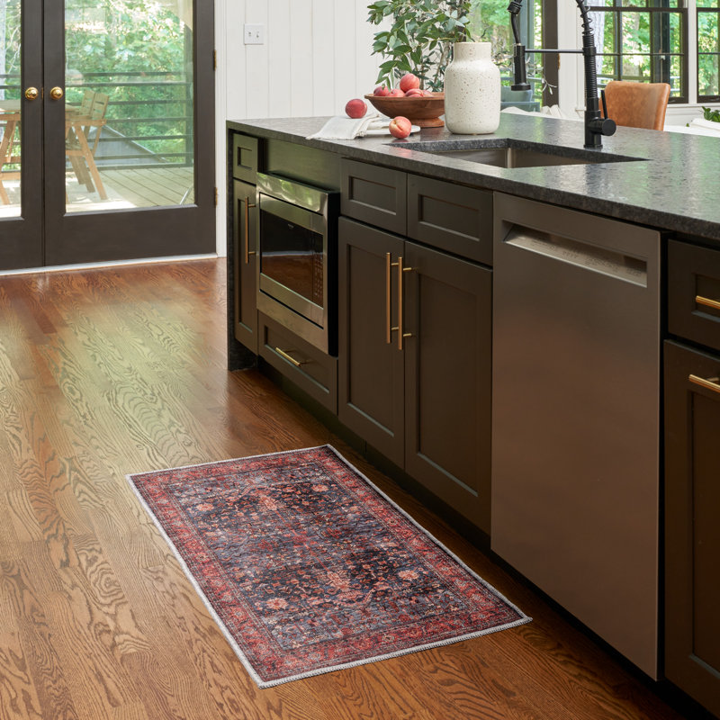 Lotte Oriental Machine Washable Flatweave Area Rug in Navy Blue/Brick Red, Rectangle 2' x 4'